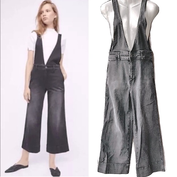 Free People Deep V-Front Stretch A-Line Cropped
Wide Leg Black Overall Jeans, 6 - Picture 1 of 14